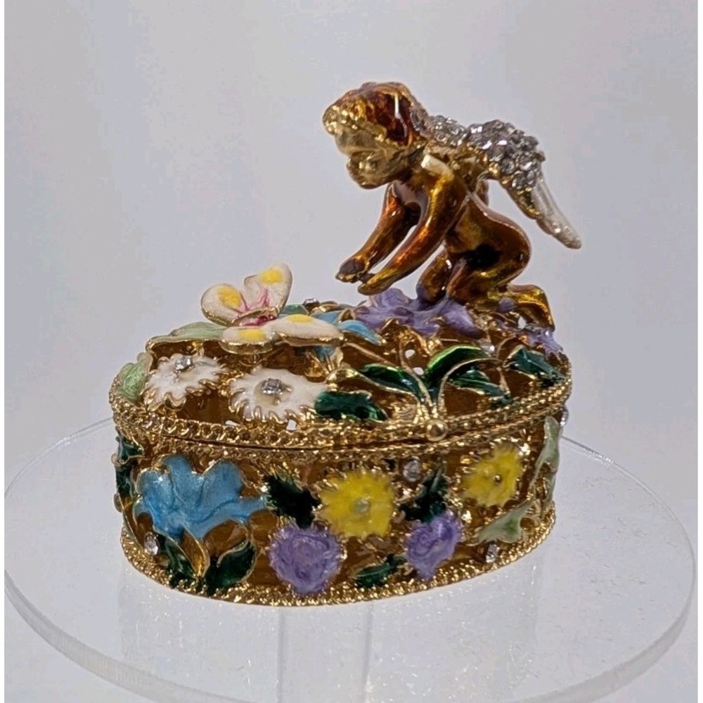 Bejeweled Cherub Angel With‎ Butterfly Trinket Box Multicolor